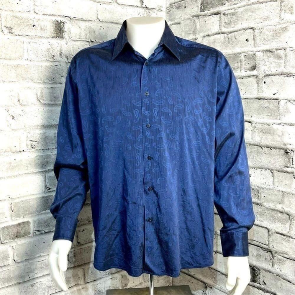Bugatchi Uomo Shirt Men L Navy Paisley Print Casual Button Down Date Night Party